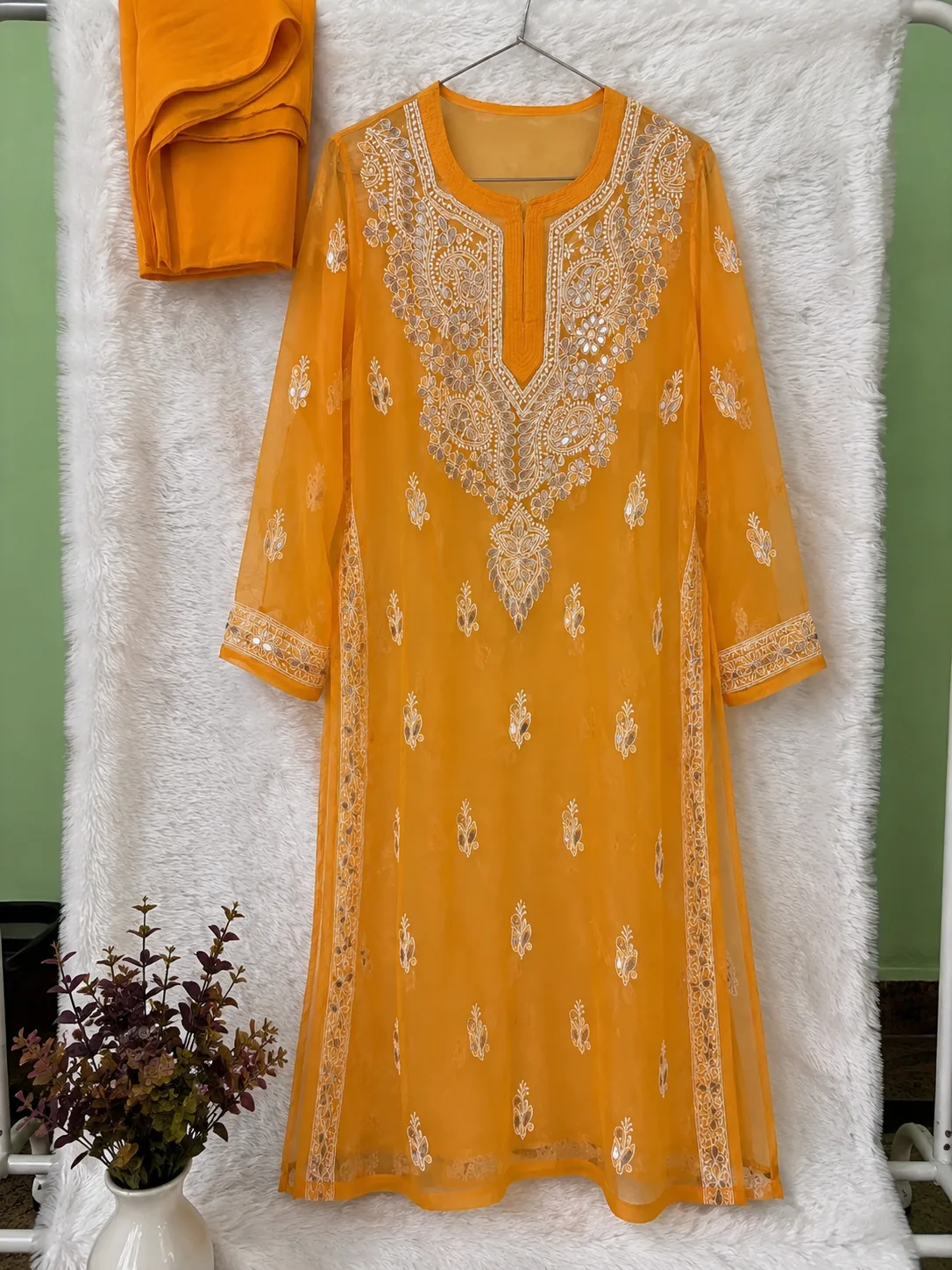 Mustard Yellow Gota Work Chikankari Kurti with inner