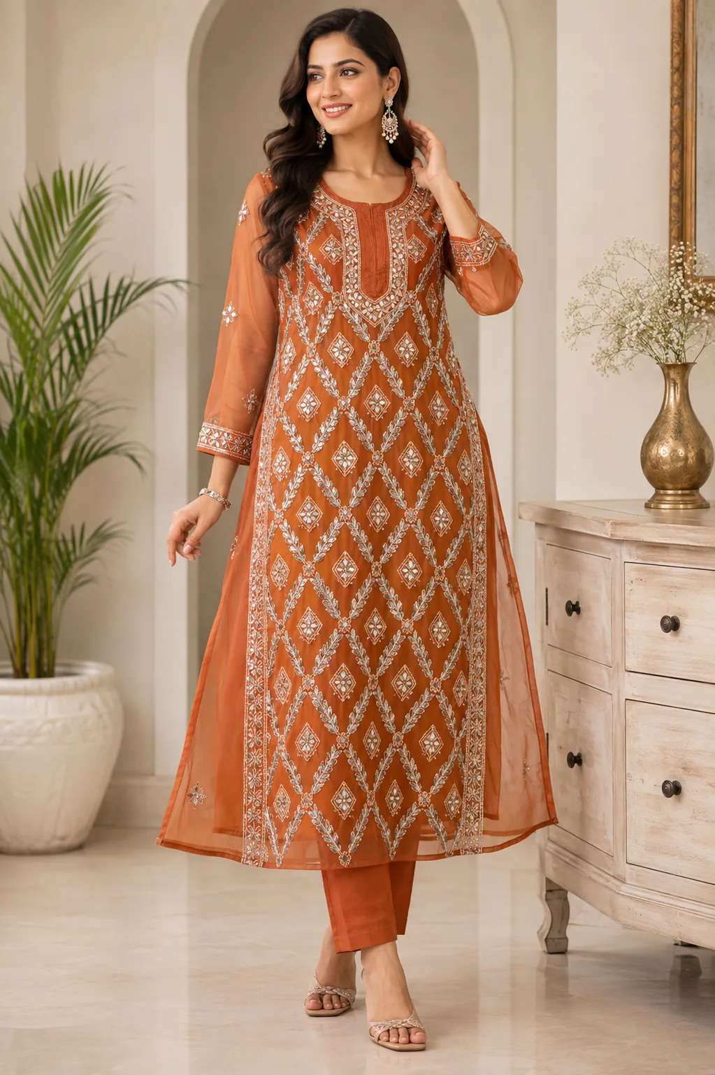 Rust Orange Gota Work Chikankari Kurti with inner