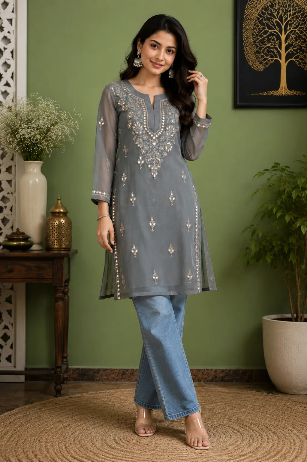 Slate Grey Gota Work Chikankari Kurti with inner