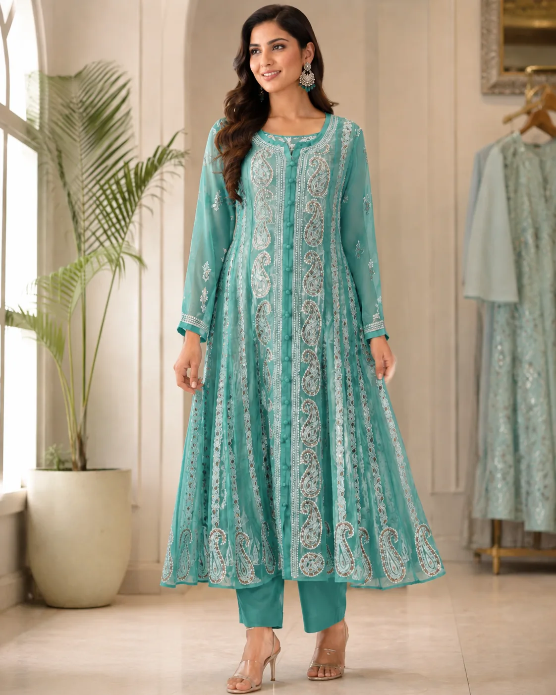 Teal Blue Paisley Anarkali Gota Work Chikankari Kurti with inner