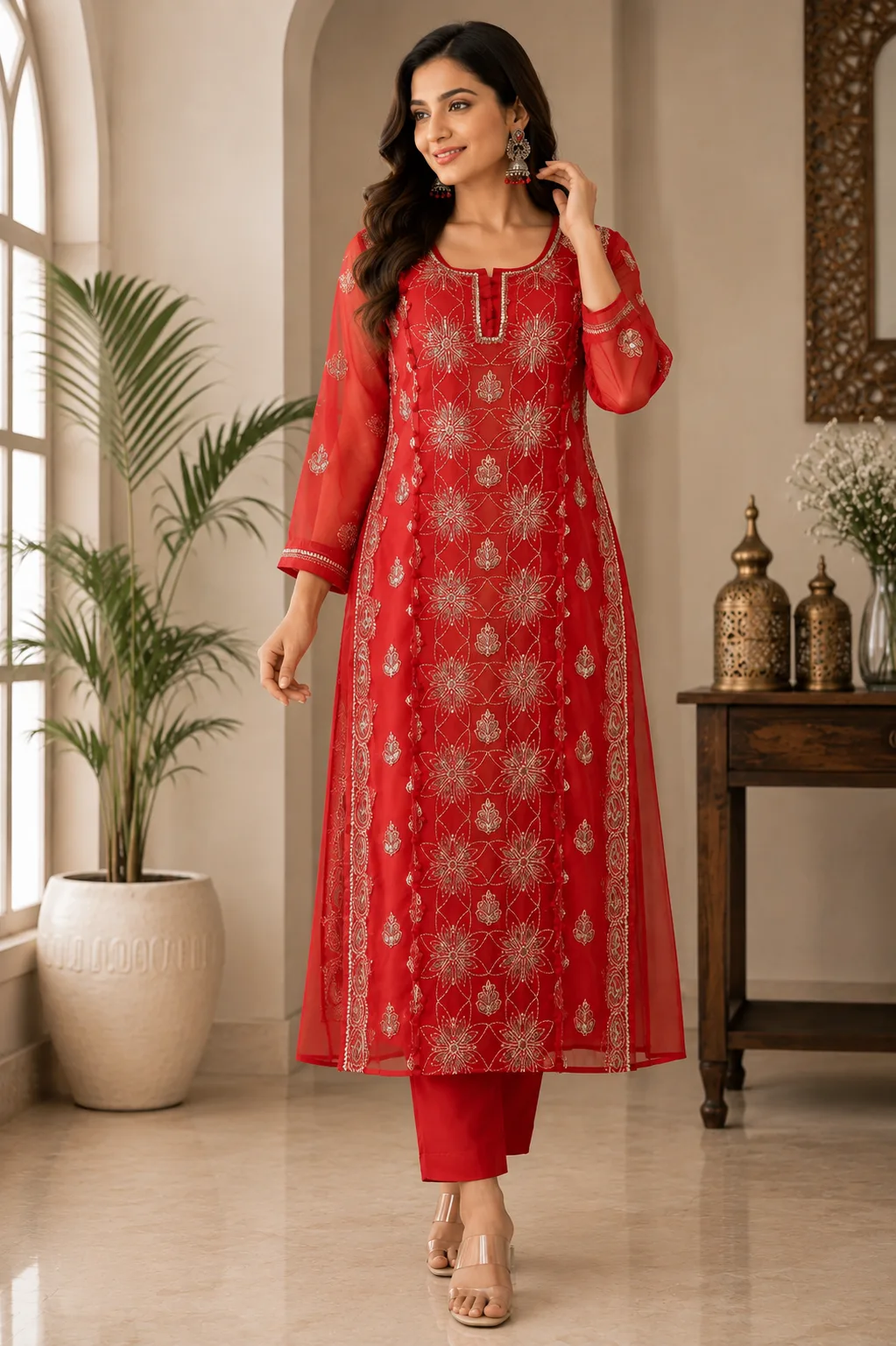 Vibrant Red Gota Work Chikankari Kurti with inner