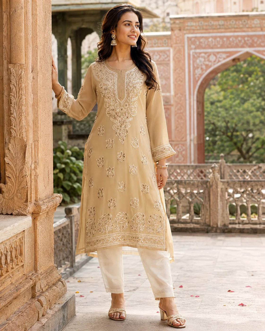 Warm Beige Gota Work Chikankari Kurti with inner