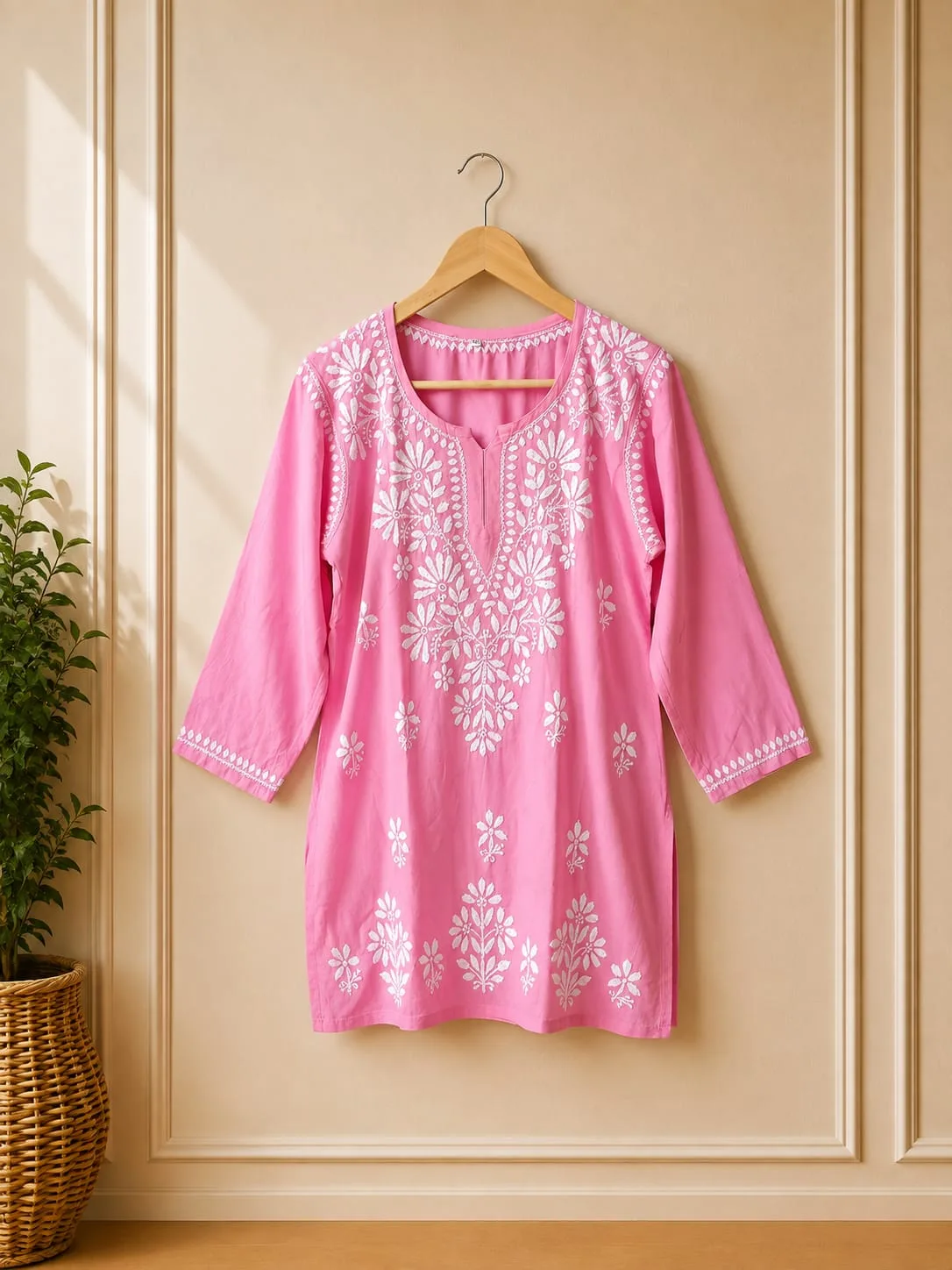 Baby Pink 3/4 Sleeve Chikankari Long Top