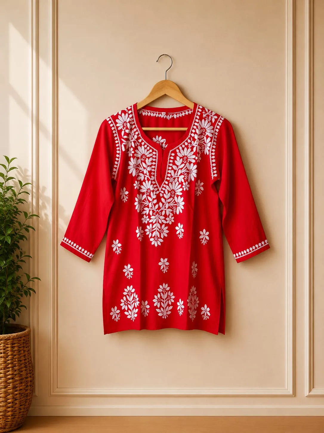 Crimson Red 3/4 Sleeve Chikankari Long Top