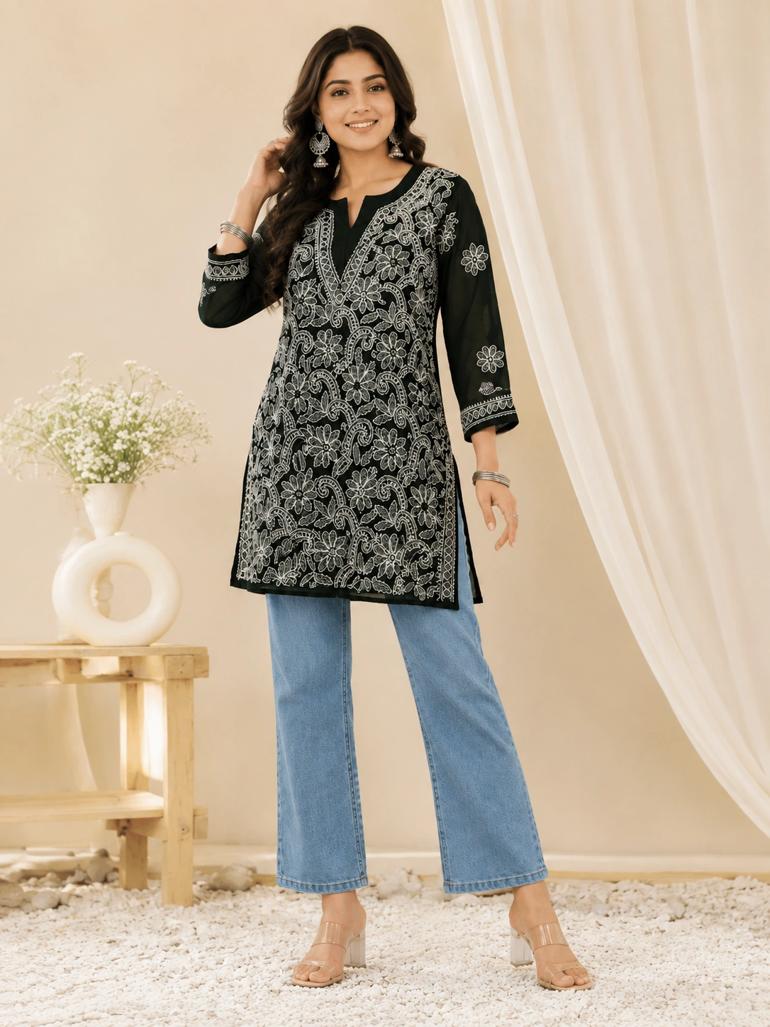 Deep Bottle-Green Chikankari Long Top