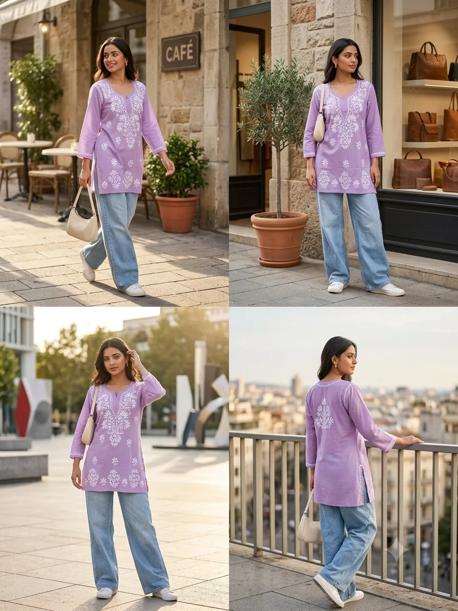 Lavender Purple 3/4 Sleeve Chikankari Long Top