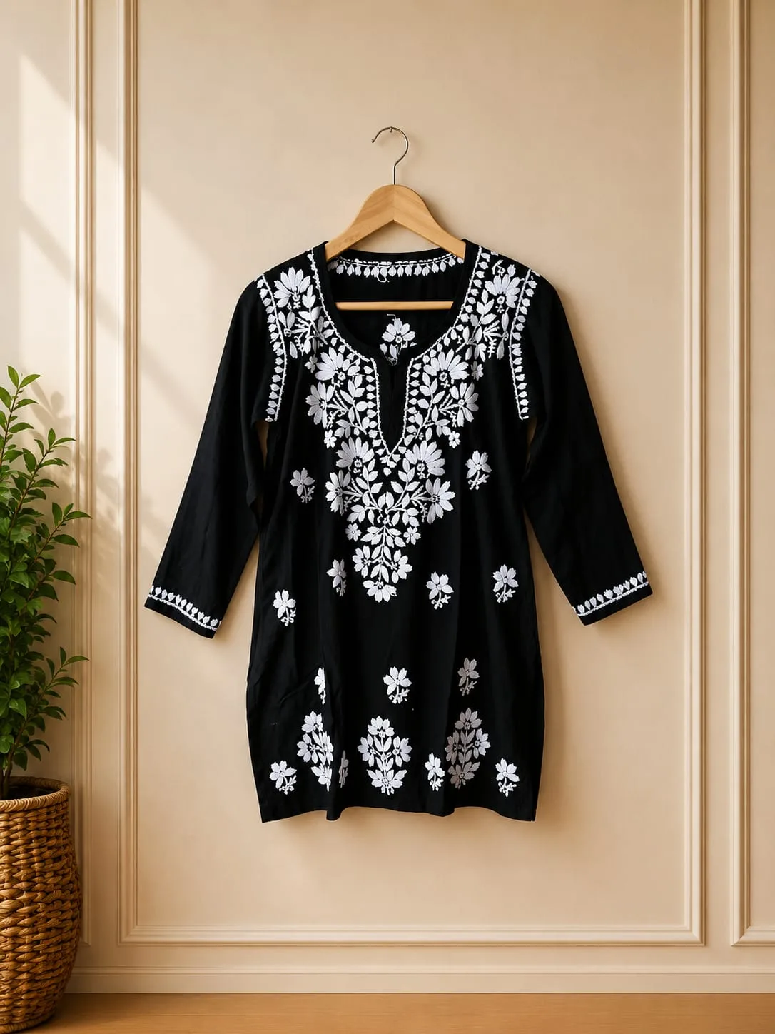 Midnight Black 3/4 Sleeve Chikankari Long Top