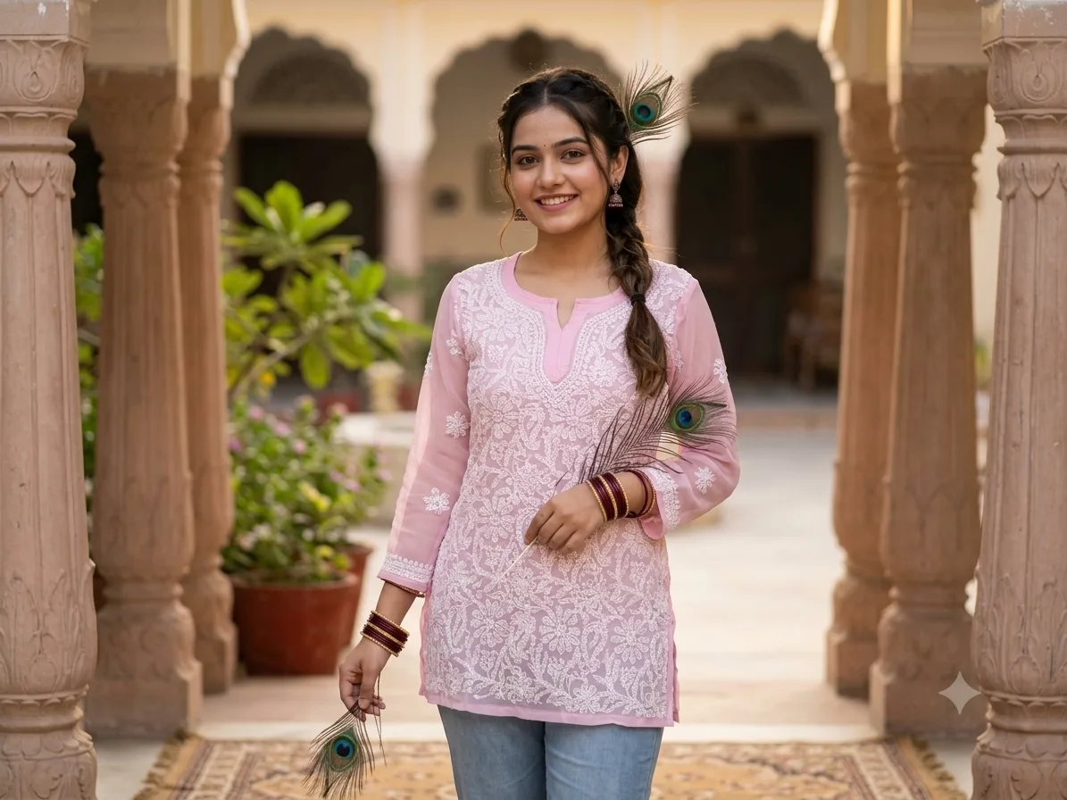 Baby Pink 3/4 Sleeve Chikankari Long Top
