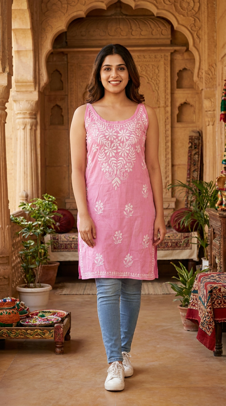 Pastel Pink Sleeveless Chikankari Long Top