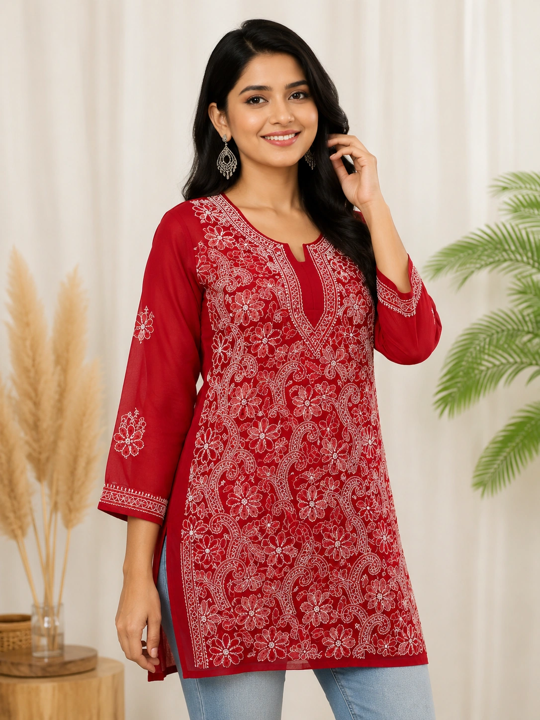 Red 3/4 Sleeve Chikankari Long Top