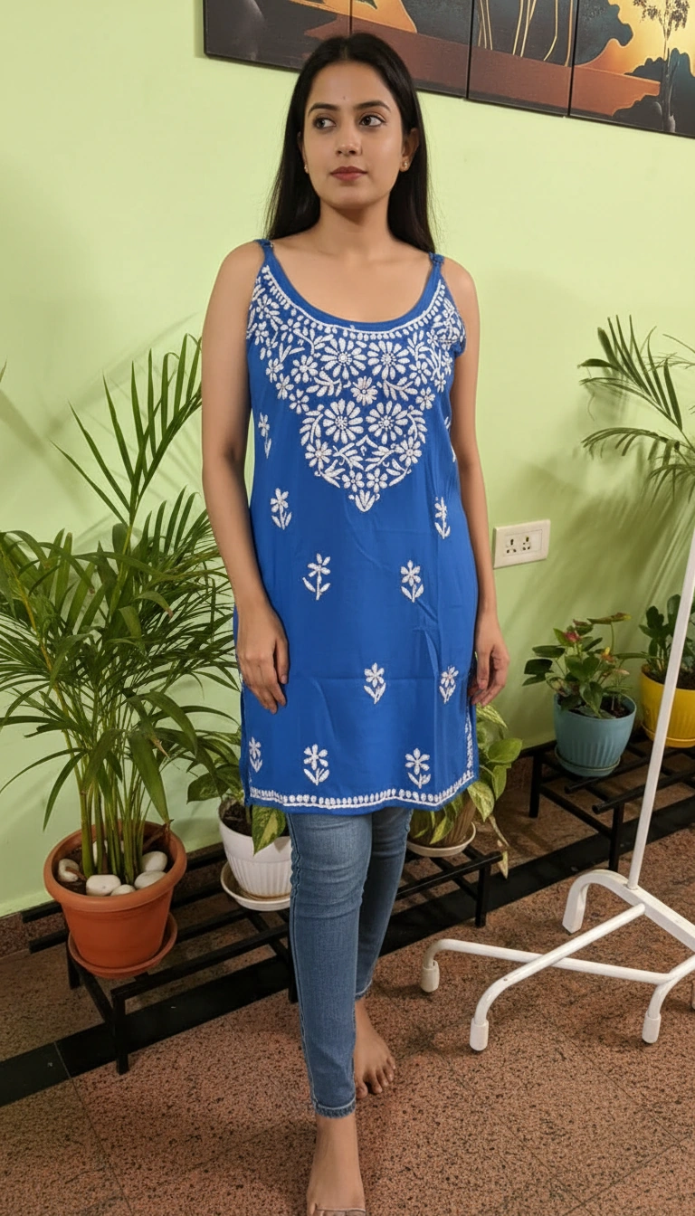 Royal Blue Sleeveless Chikankari Long Top