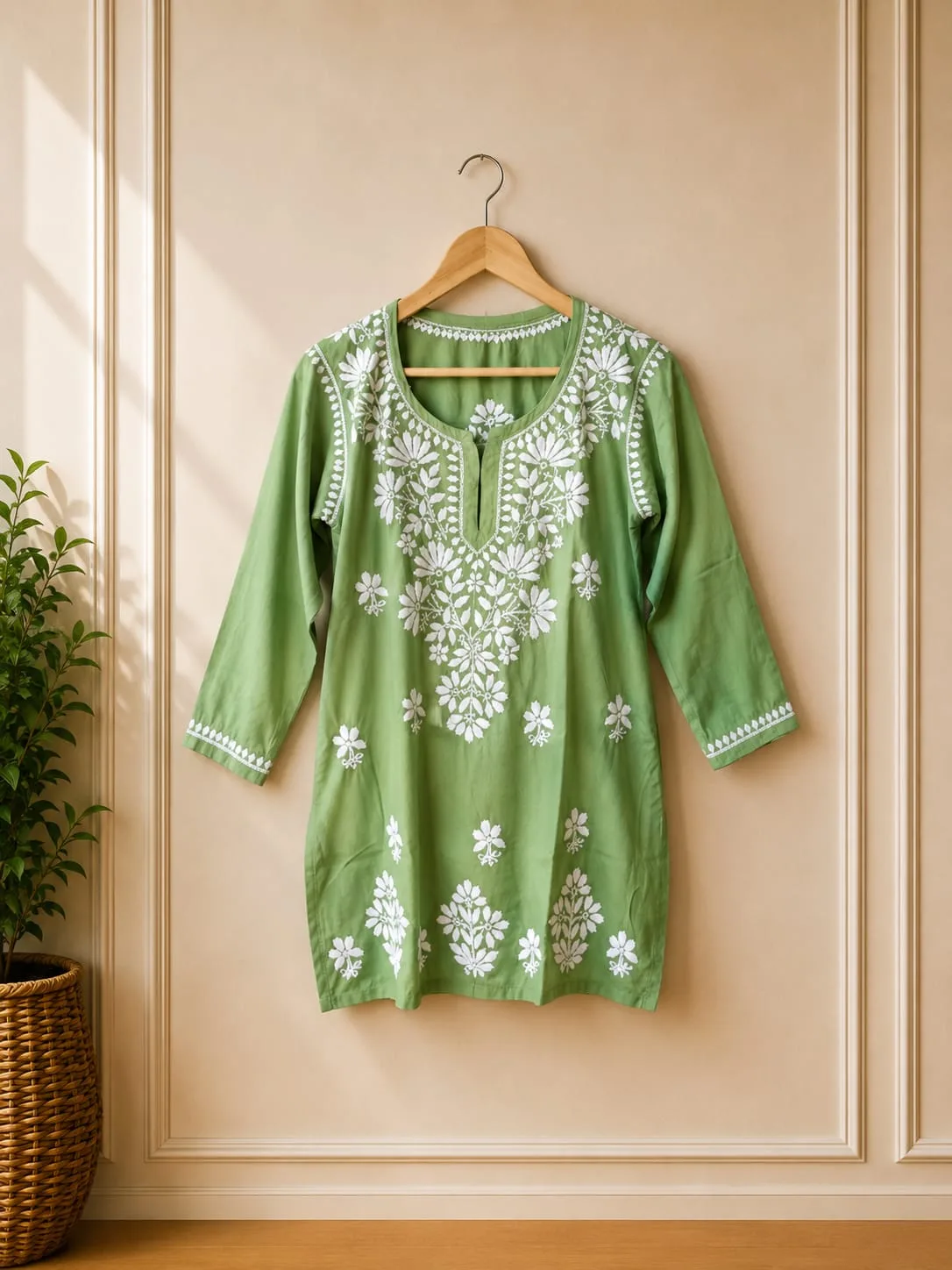 Sage Green 3/4 Sleeve Chikankari Long Top