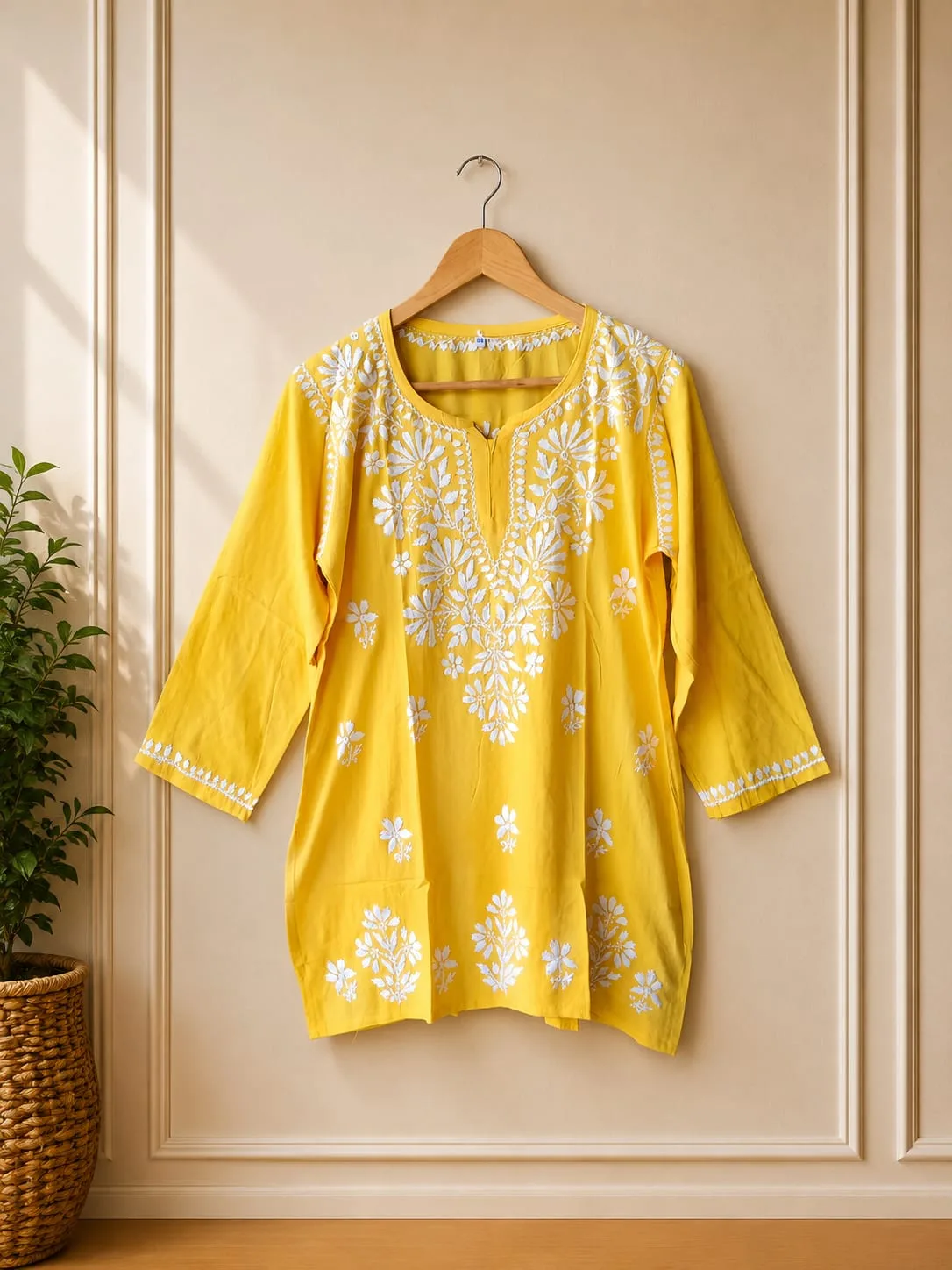 Sunshine Yellow 3/4 Sleeve Chikankari Long Top