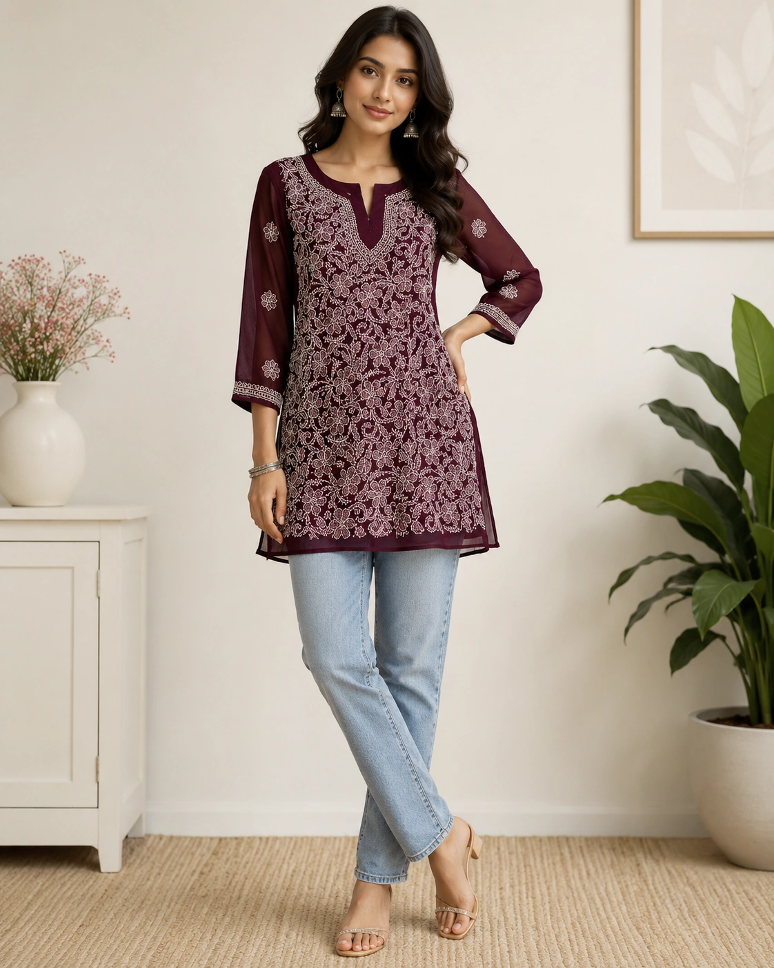 Wine 3/4 Sleeve Chikankari Long Top