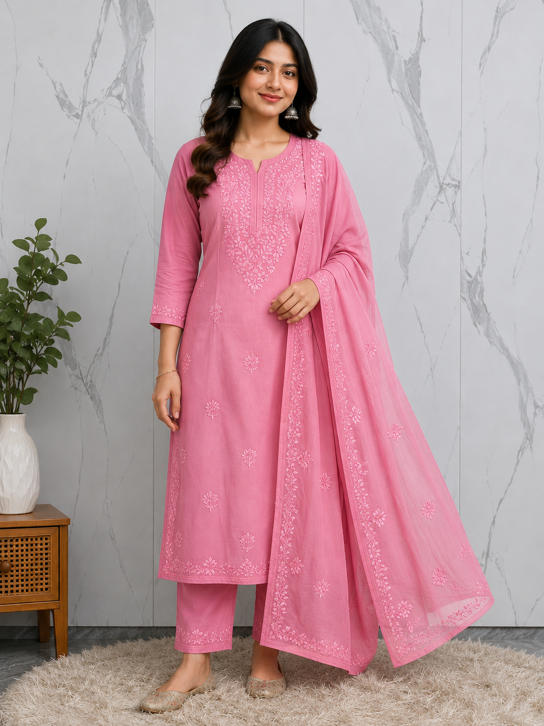 Baby Pink Chikankari Kurta Palazzo Set