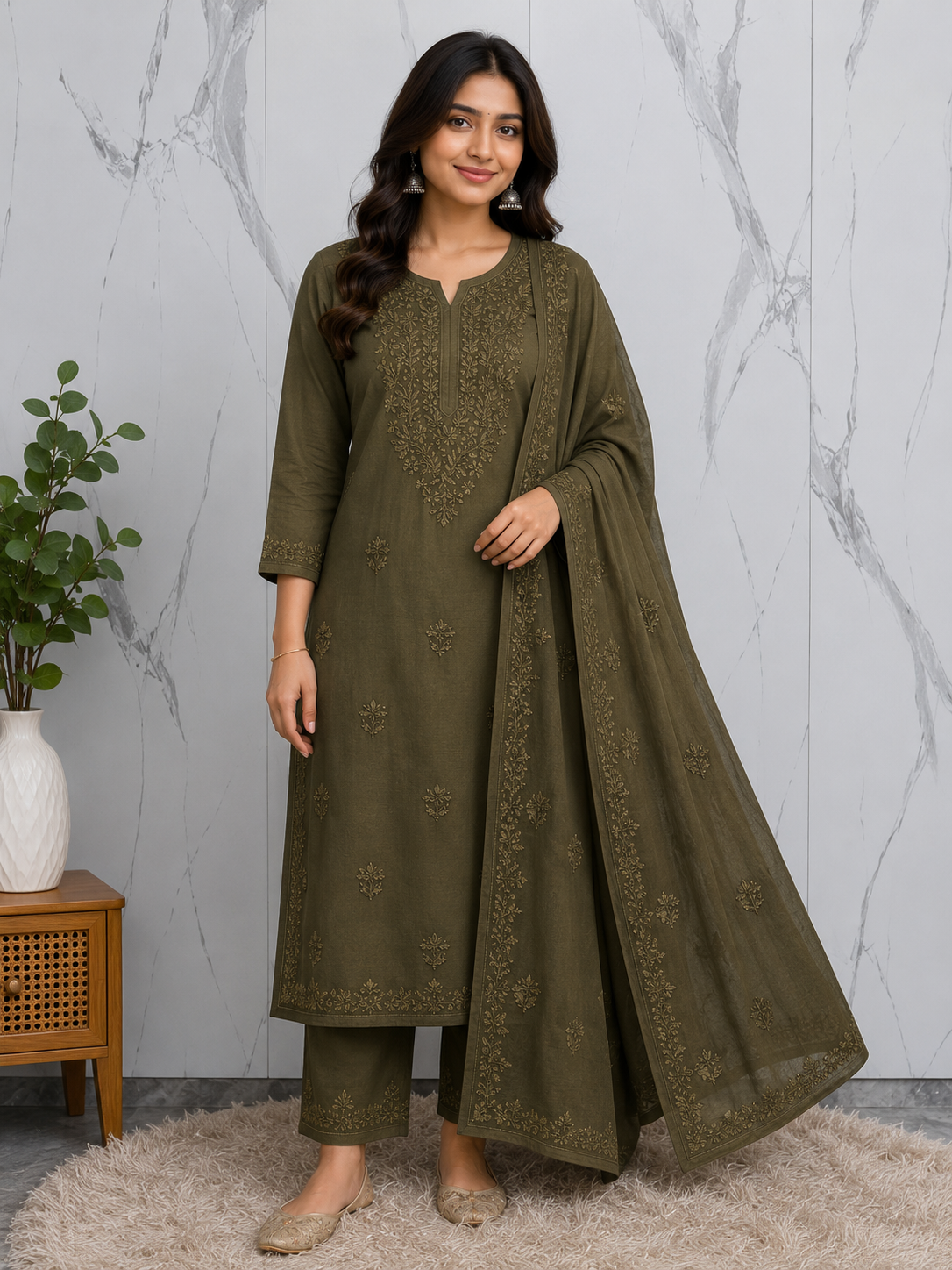 Dark Olive Chikankari Kurta Palazzo Set