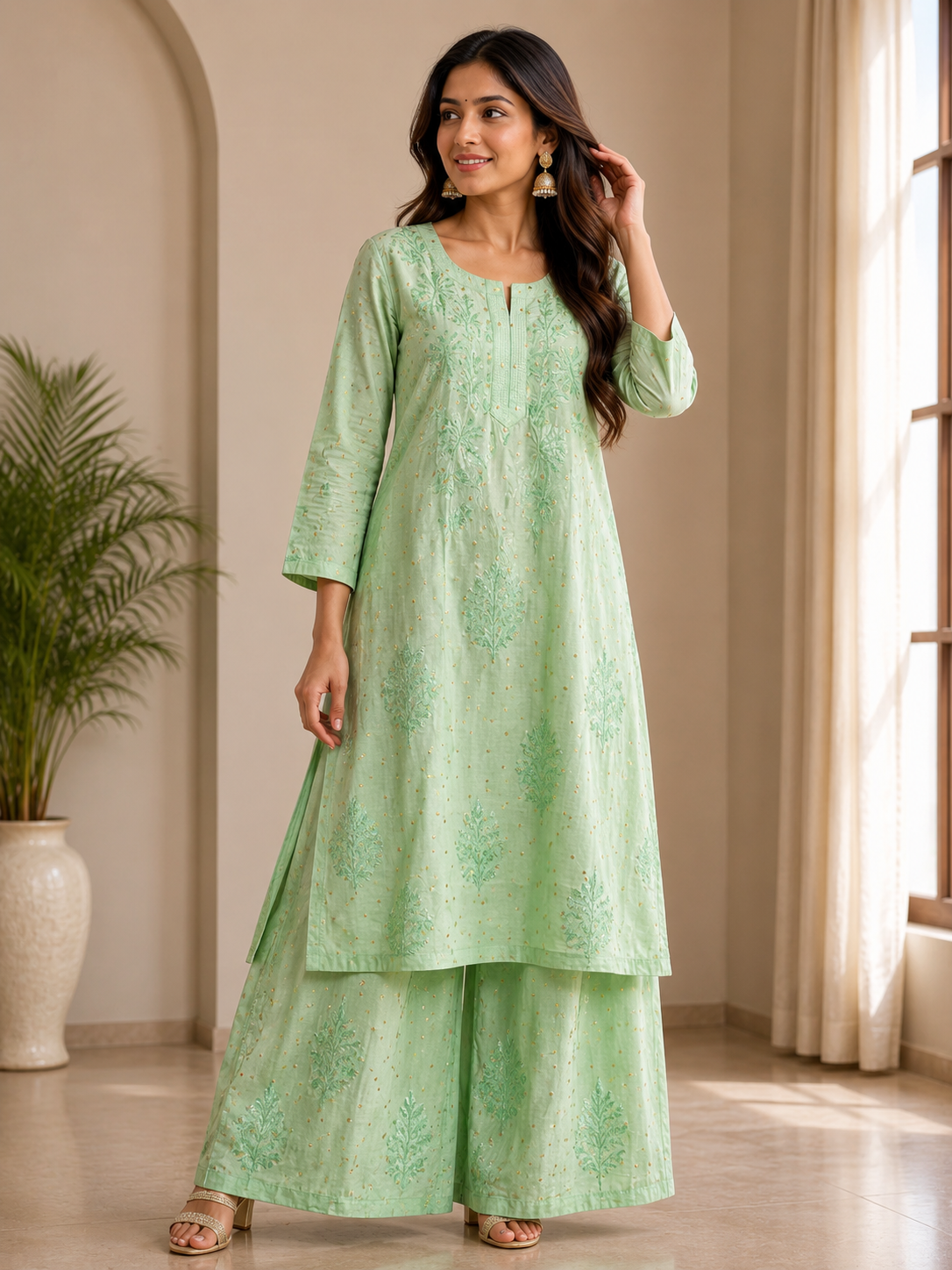 Mint Green Embroidered Palazzo Set