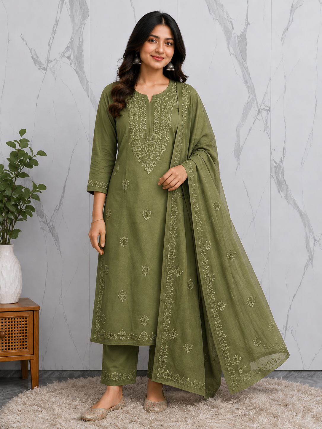 Olive Green Chikankari Kurta Palazzo Set
