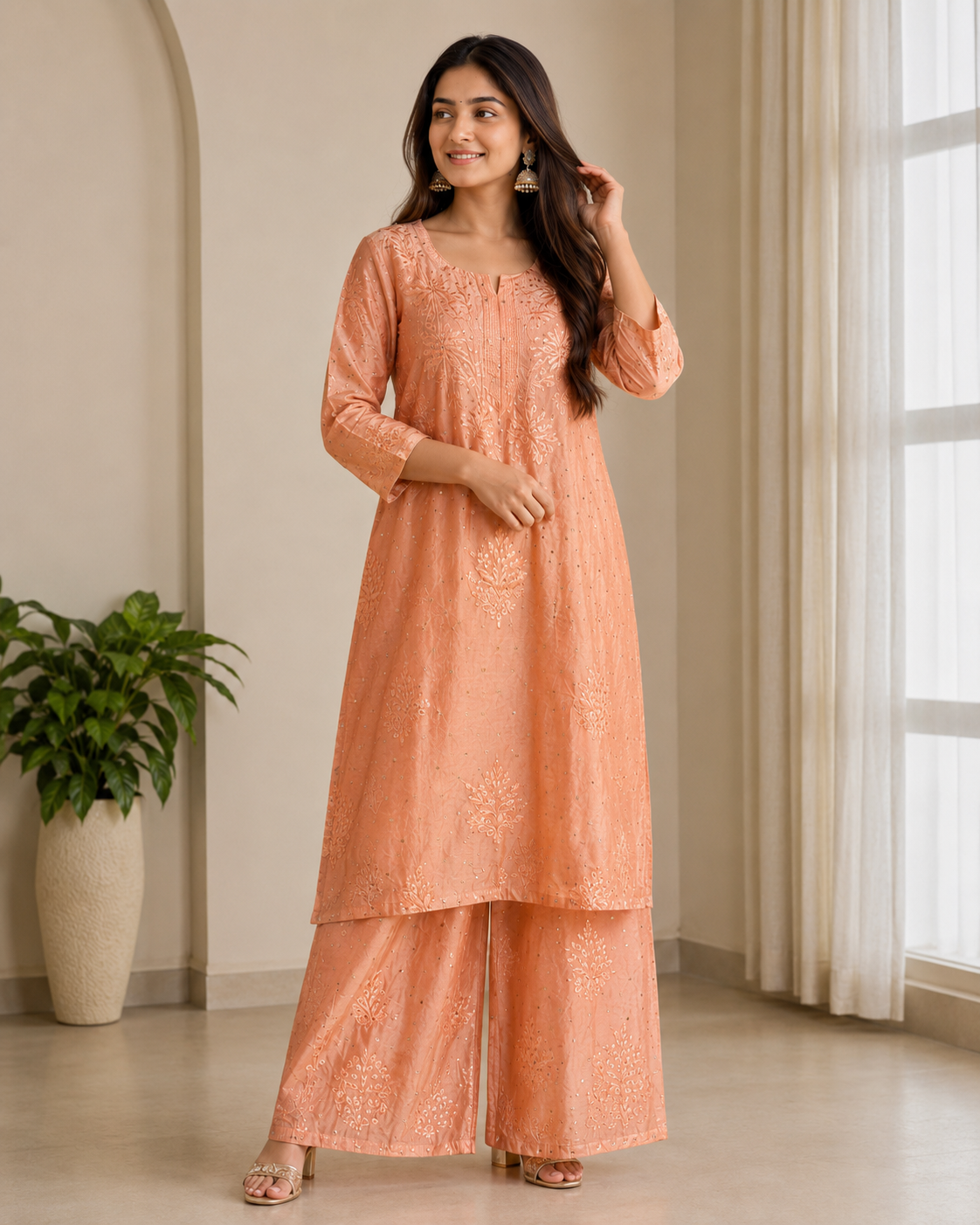 Peach Orange Embroidered Palazzo Set