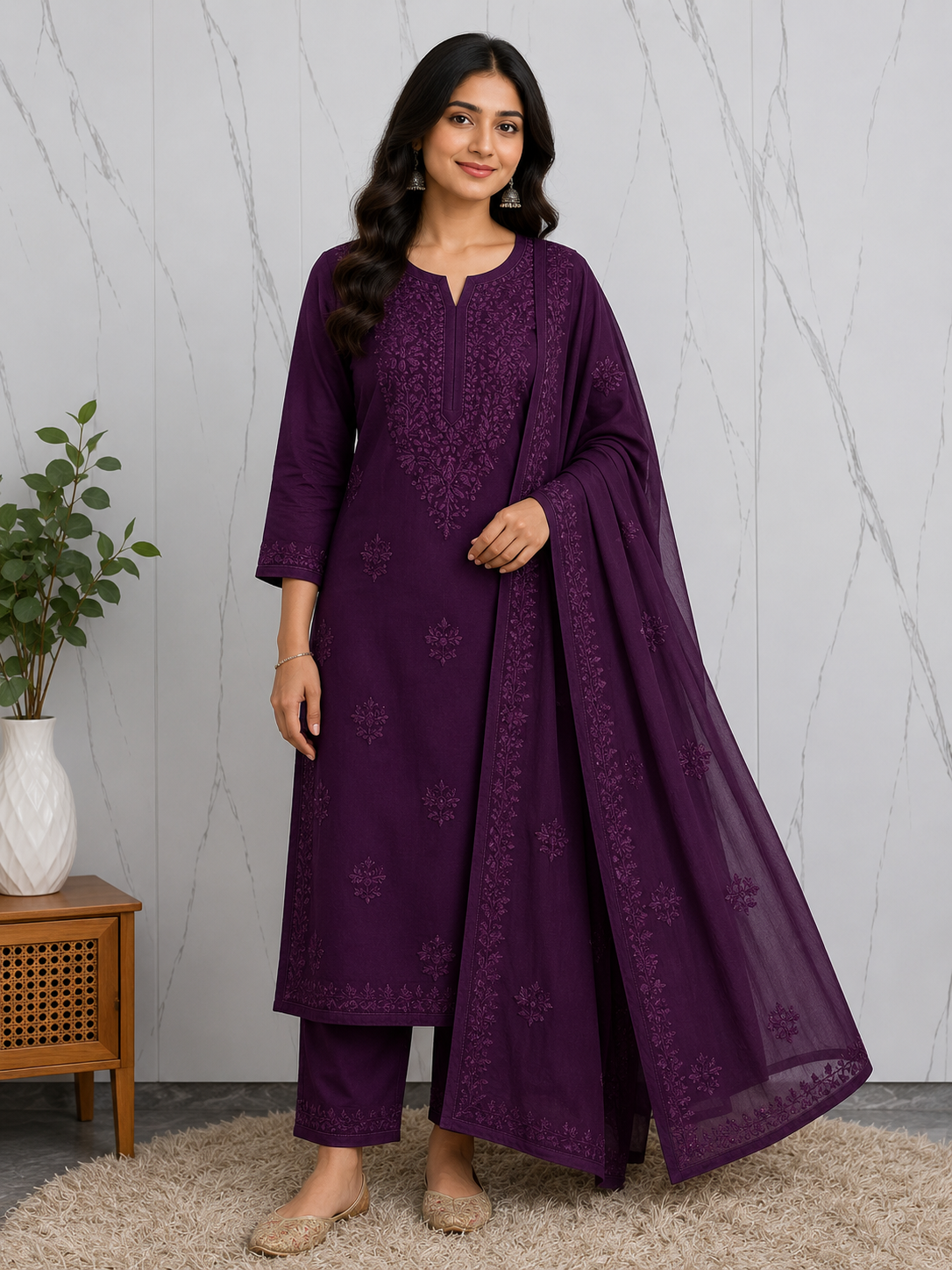 Royal Purple Chikankari Kurta Palazzo Set