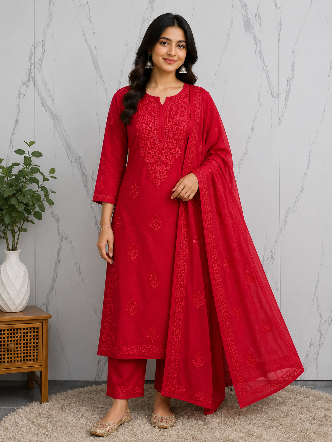 Ruby Red Chikankari Kurta Palazzo Set