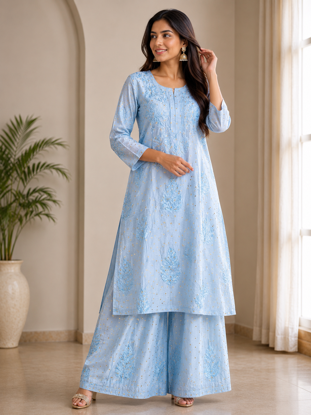 Sky Blue Embroidered Palazzo Set
