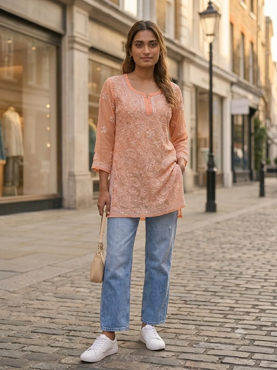 Peach Mirror Work Chikankari Short Top