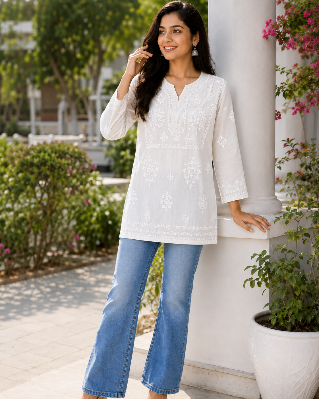 White Long-Sleeve Chikankari Short Kurti